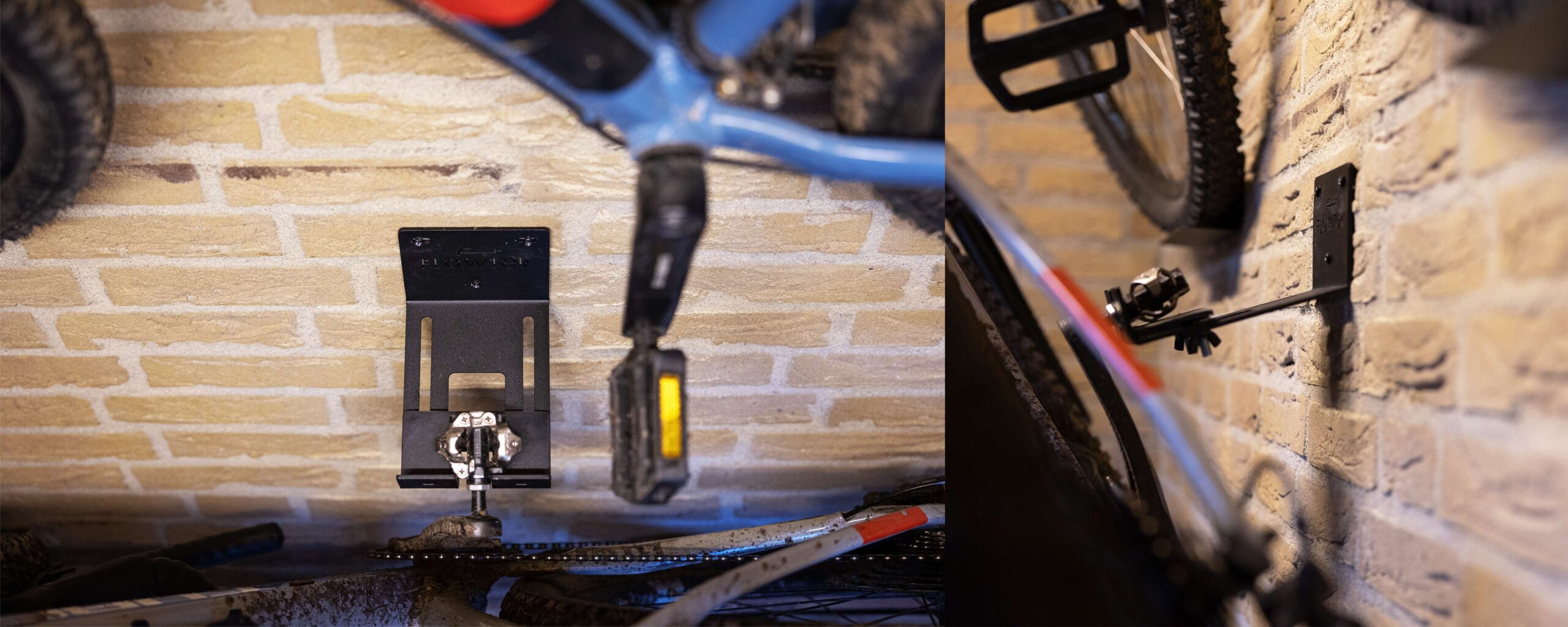 Flowter trapper hanger in een sfeer situatie homepage racefiets en close up onder
